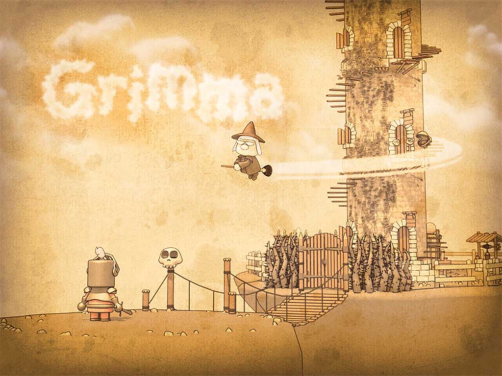 Grimma, a little witch on a broomstick, circles a stone tower with her name written in clouds, while a knight waits by a rope bridge below