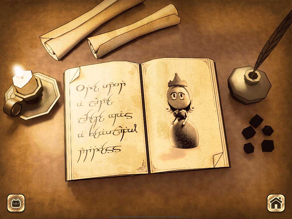 An open storybook beside a candle and quill, showing a handwritten fairy-tale page and a drawing of a princess